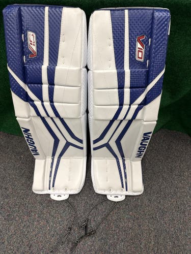 White & Blue Intermediate Vaughn Velocity V10 Goalie Leg Pads (New) | 31" +2"