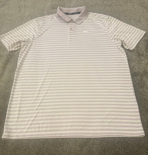 Nike Golf white and lavender purple striped polo shirt.