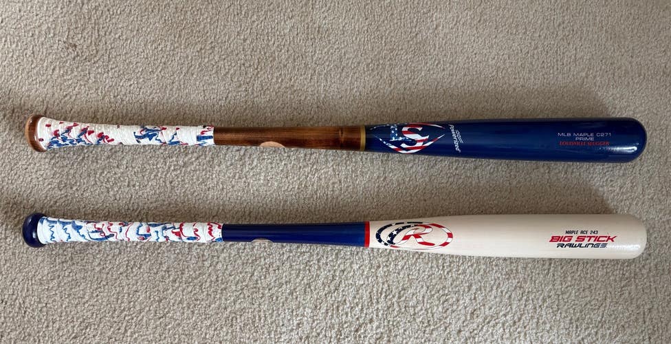 Two LIKE NEW 33' power bats: Louisville Slugger MLB C271 / Rawlings Maple Ace 243 Big Stick