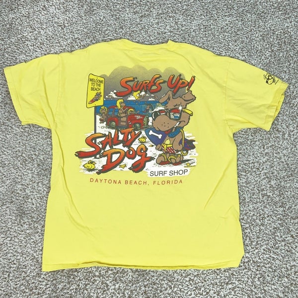 Vintage Salty Dog Surf Shop Shirt Mens Large Yellow Surf Graphic Tee 1993 Beach