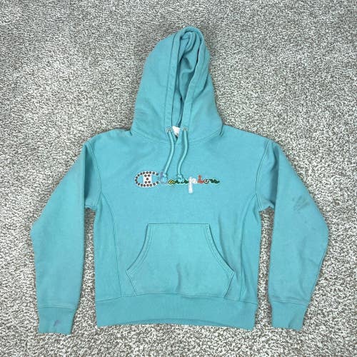 Champion Hoodie Womens Small Blue Reverse Weave Pullover Fleece Floral Logo
