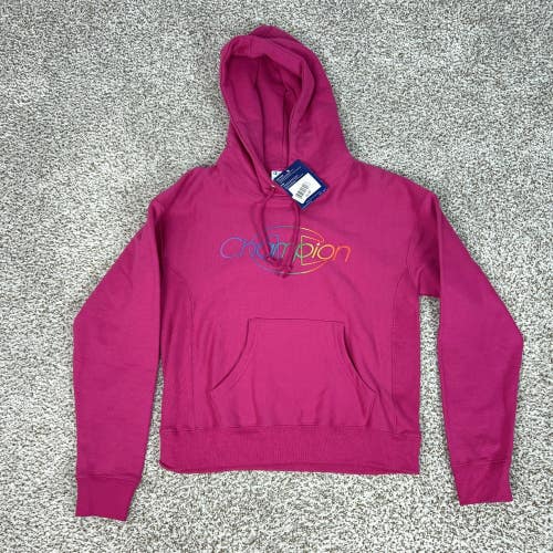 Champion Hoodie Womens Small Pink Reverse Weave Fleece Pullover Rainbow Logo