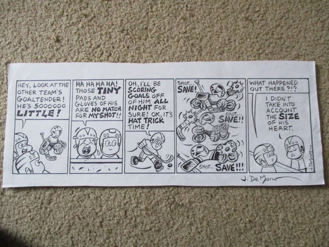 Original Small Saves Hockey Goaltender Comic Strip blocker glove pads save Little Goalie