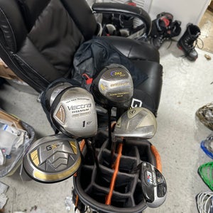 Seven Right Handed Woods, Hybrids, and Drivers w/ Golf Bag