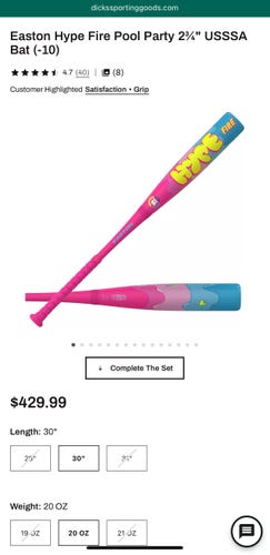 2025 Easton Hype Fire Composite USSSA Certified Bat (-10) 20 oz 30" (New)