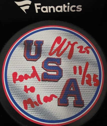 CHARLIE McAVOY Signed ROAD TO MILAN 2026 Olympics USA LE 11 /25 Puck IN HAND