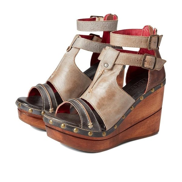 Bed|Stu Princess Sandals Women's 7 Beige Leather Ankle Strap Wedge Heel VER1083