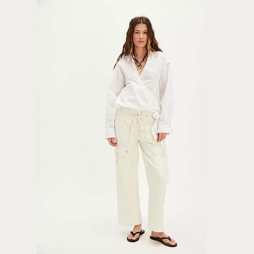 Free People Park Ave Pants Women S Ivory Cotton Drawstring Cargo Pocket JDM2469