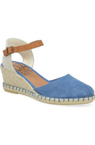 Miz Mooz Malena Sandal Women 9 Blue Suede Leather Wedge Heel Espadrille HAWK2383