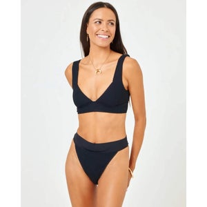 L*Space Hailey Bikini Top Women Large Black Stretch Thick Strap Swimwear DDR2025