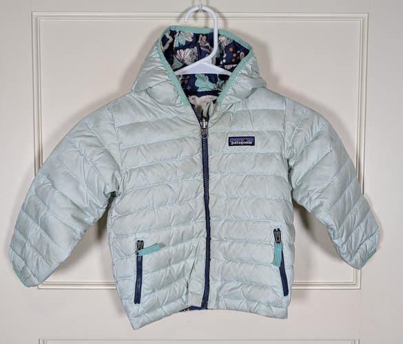 Patagonia Reversible Down Puffer Hoody Girls Size: 3T Blue Floral