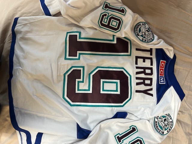 CUSTOM Troy Terry Reebok MIC Pro Stock Practice Jersey White Size 56 with purple accents/patches