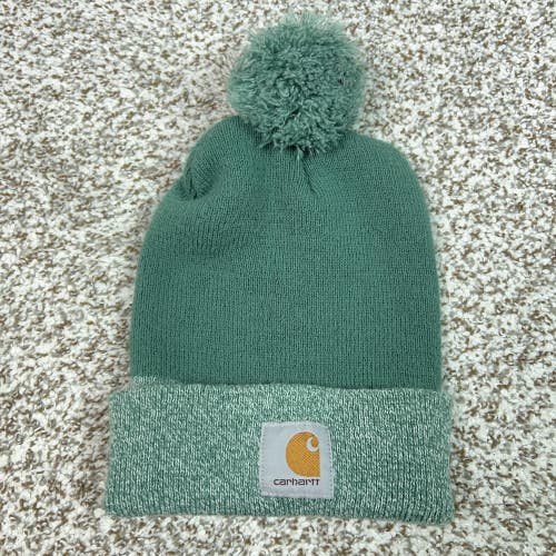 Carhartt Hat Beanie Mens One Size Green Pom Cuffed Knit Logo Winter Casual Work