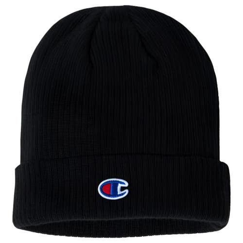 Champion Beanie Hat Men's One Size Black Ribbed Knit Cuffed Winter Warm JDM2679