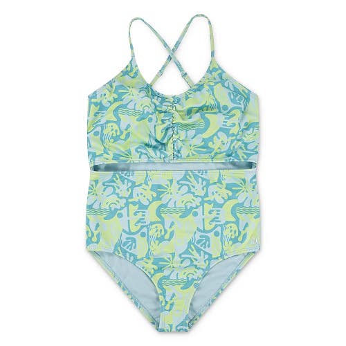 Hurley Cutout Swimsuit Girls 14 Turquoise Printed Criss Cross One Piece DDR2110