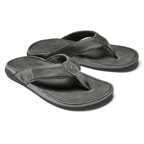 Olukai Tuahine 10465-4Q4Q Flip Flop Men's Stone Gray Leather Slide Sndals DAB112