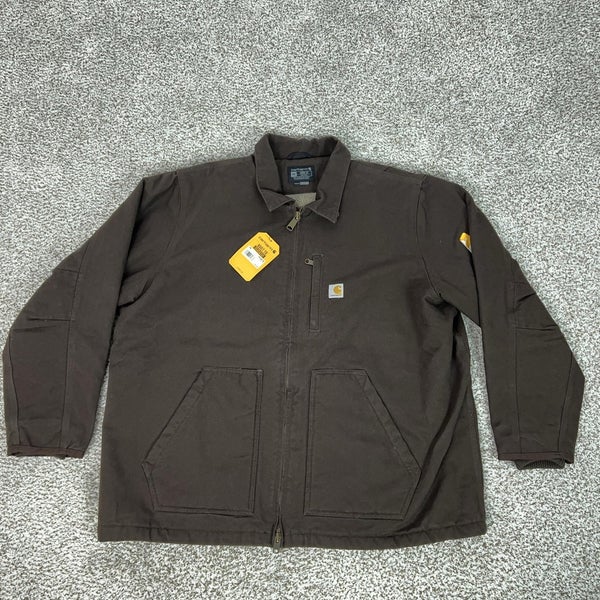Carhartt Coat Mens 2XL Brown Washed Duck Sherpa Lined Loose Fit Canvas Jacket