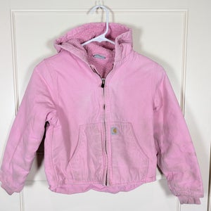 Carhartt Girl's Pink Hooded Jacket Fleece Lined Workwear Size S (7/8) Distressed