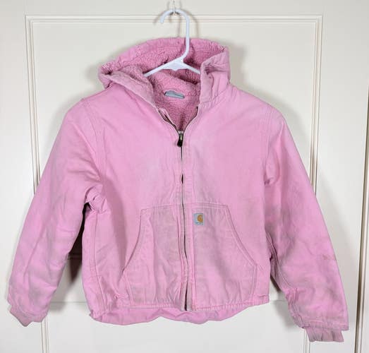 Carhartt Girl's Pink Hooded Jacket Fleece Lined Workwear Size S (7/8) Distressed