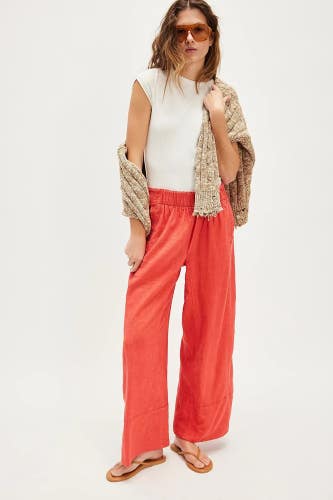Free People Day's End Pants Women Small Poppy Red Elastic Waist Wide Leg DDR2256