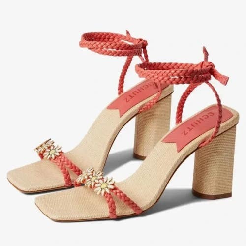 Schutz Hina Sandals Women's US 5 Coral Braided Square Toe Block Heel HTAT496