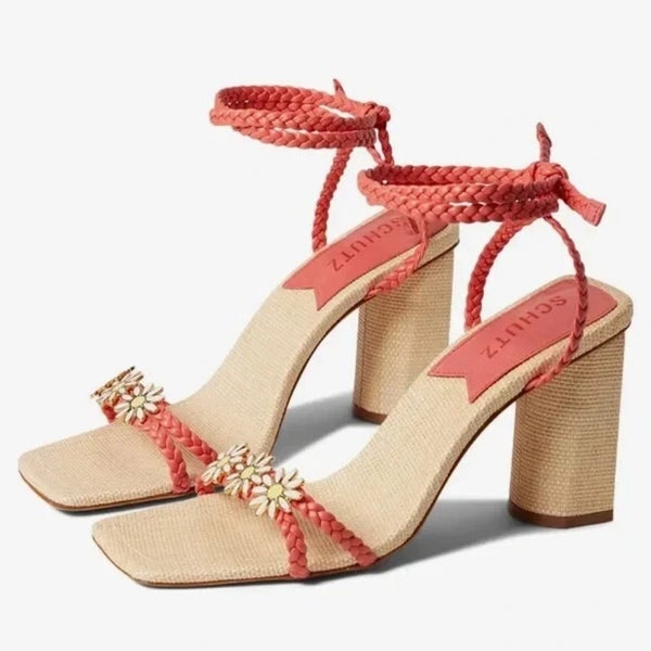 Schutz Hina Sandals Women's US 5 Coral Braided Square Toe Block Heel HTAT496