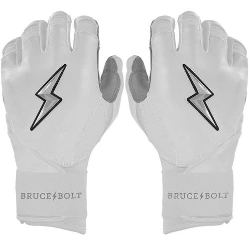 Bruce Bolt Chrome Series Long Cuff Batting Gloves (Large) - White - (New)