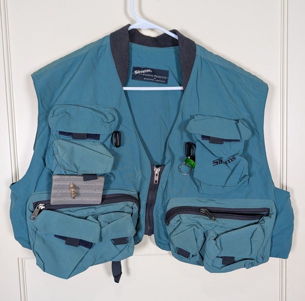 Vintage Simms Fly Fishing Full Zip Vest Size XL Pockets USA Blue