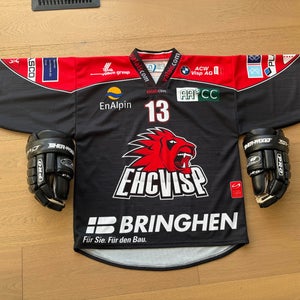 Game worn EHC Visp Swiss National League jersey- large and glove combo