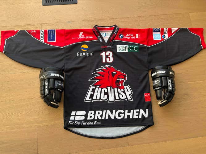 Game worn EHC Visp Swiss National League jersey- large and glove combo