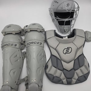 FORCE3 Defender Catcher’s Helmet Set Adult Small Gray Baseball 14.5" Chest/Leg (Light use)
