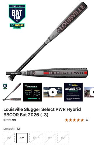2026 Louisville Slugger Select PWR Hybrid BBCOR Certified Bat (-3) 29.5 oz 32" (New)