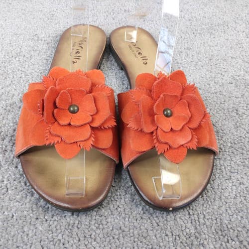 Mariella Sandals Womens Size 9.5 Shoes Slip On Orange Suede Floral Bow Flats