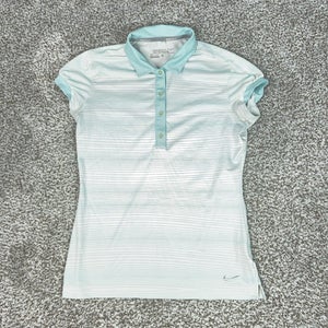 Nike Golf Polo Shirt Womens Small White Teal Dri-FIT Striped Cap Sleeve Top Logo