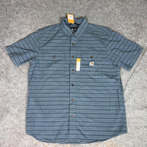 Carhartt Shirt Mens Large Blue Striped Short Sleeve Button Up Midweight Logo