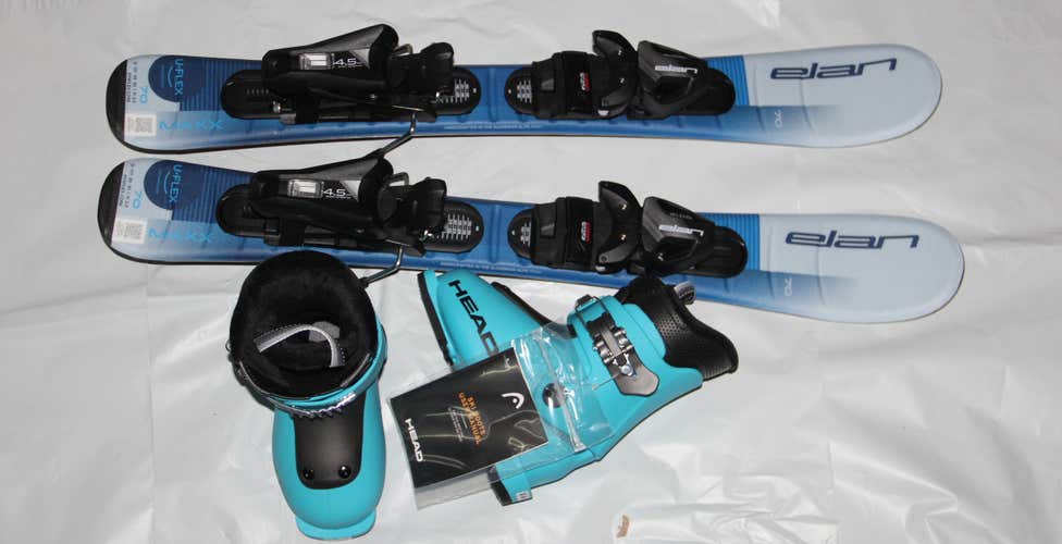 NEW ELAN Maxx uflex 70cm kids skis with bindings  + HEAD J1 ski boots 16.5 mondo 2026