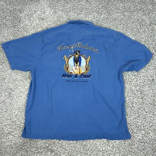 Tommy Bahama Shirt Men XL Blue Silk Embroidered High Tight Baseball Parrot Cigar