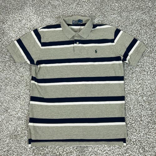 Polo Ralph Lauren Polo Shirt Mens Large Gray Navy Stripe Cotton Pony Logo Casual