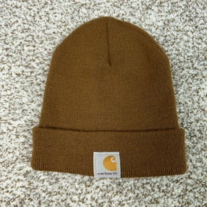 Carhartt Hat Cap Beanie Brown Knit Cuffed Logo Patch Workwear Winter Warm