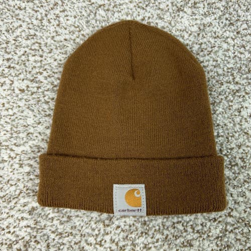 Carhartt Hat Cap Beanie Brown Knit Cuffed Logo Patch Workwear Winter Warm