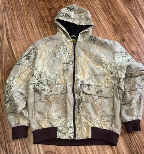 Cabelas Ghost Prairie Camo Bomber Hooded Jacket Quilt Insulated Size XLT tall