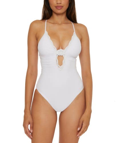 Becca Colette Swimsuit Women's Meidum White Stretch Plunge One Piece DDR2624