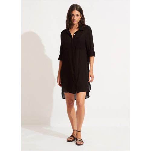 Seafolly Crinkle Twill Beach Shirt Women's Small Black Roll-Tab Sleeve DDR2323