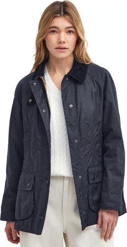 Barbour Beadnell Wax Jacket Women 4 Navy II Waxed Cotton Corduroy Collar DDR2467