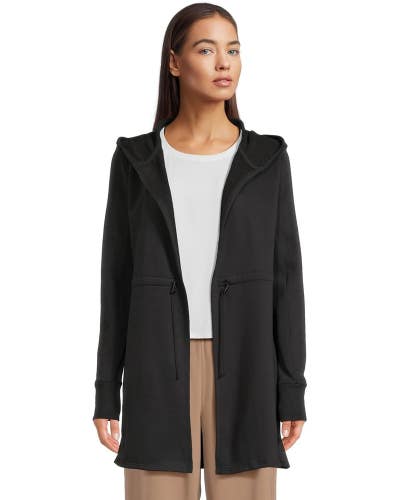 Beyond Yoga On The Go Jacket Women's Black Cinch Waist Open Front Hooded DDR2287