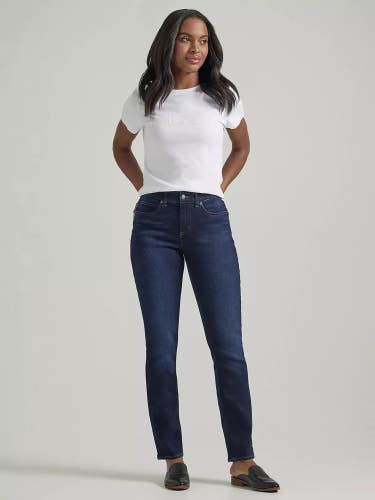 Lee Ultra Lux Jeans Womens 14 Petite Blue Denim Flex Motion Straight Leg DDR2598