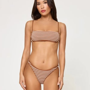 L*Space Suzi Bikini Bottom Womens Small Brown Sugar Stripe Stretch Beach JDM2587