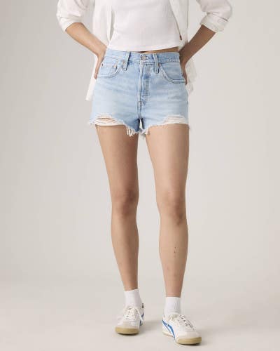 Levi's 501 Shorts Womens 28 Blue Denim Distressed Original Fit High Rise JDM2561