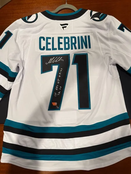 Sharks Macklin Celebrini Signed Auto "1st Hat Trick" LE 17/25 Jersey Fanatics