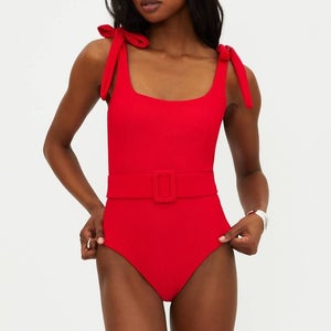 Beach Riot Sydney Swimsuit Women's M Red Tie Shoulder Belted One-Piece DDR2483